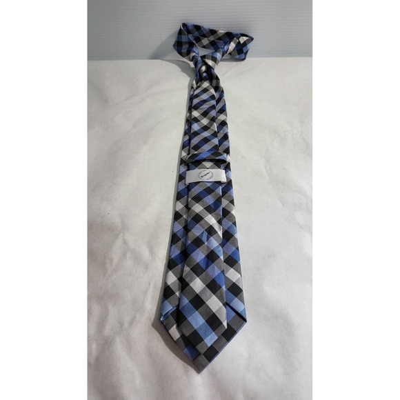 Bespoke Necktie Blue Black Gray Plaid Pattern Business Casual - Picture 2 of 4